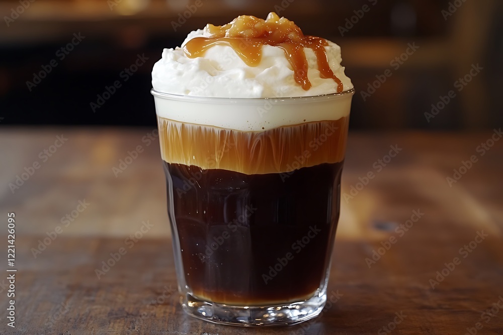 A rich espresso and caramel latte with a foamy layer and a drizzle of caramel on top. A rich espresso and caramel latte with a foamy layer and a drizzle of caramel on top.