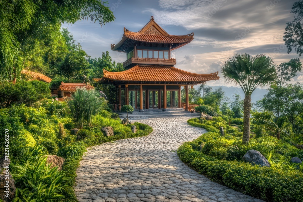 A serene pagoda-style building surrounded by a peaceful landscaped garden with a stone pathway A serene pagoda-style building surrounded by a peaceful landscaped garden with a stone pathway