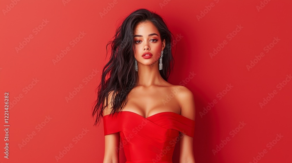 A stunning woman poses confidently in a vibrant red dress against a matching background, exuding elegance and style with striking makeup and hair. A stunning woman poses confidently in a vibrant red dress against a matching background, exuding elegance and style with striking makeup and hair.