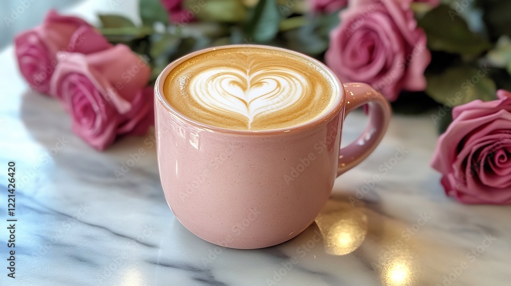 Latte intricate heart art served in a pink mug on a cafe table with floral accents Latte intricate heart art served in a pink mug on a cafe table with floral accents