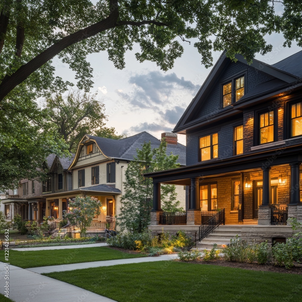 Charming Victorian and Modern Suburban Homes in Lush Setting, Street View Charming Victorian and Modern Suburban Homes in Lush Setting, Street View