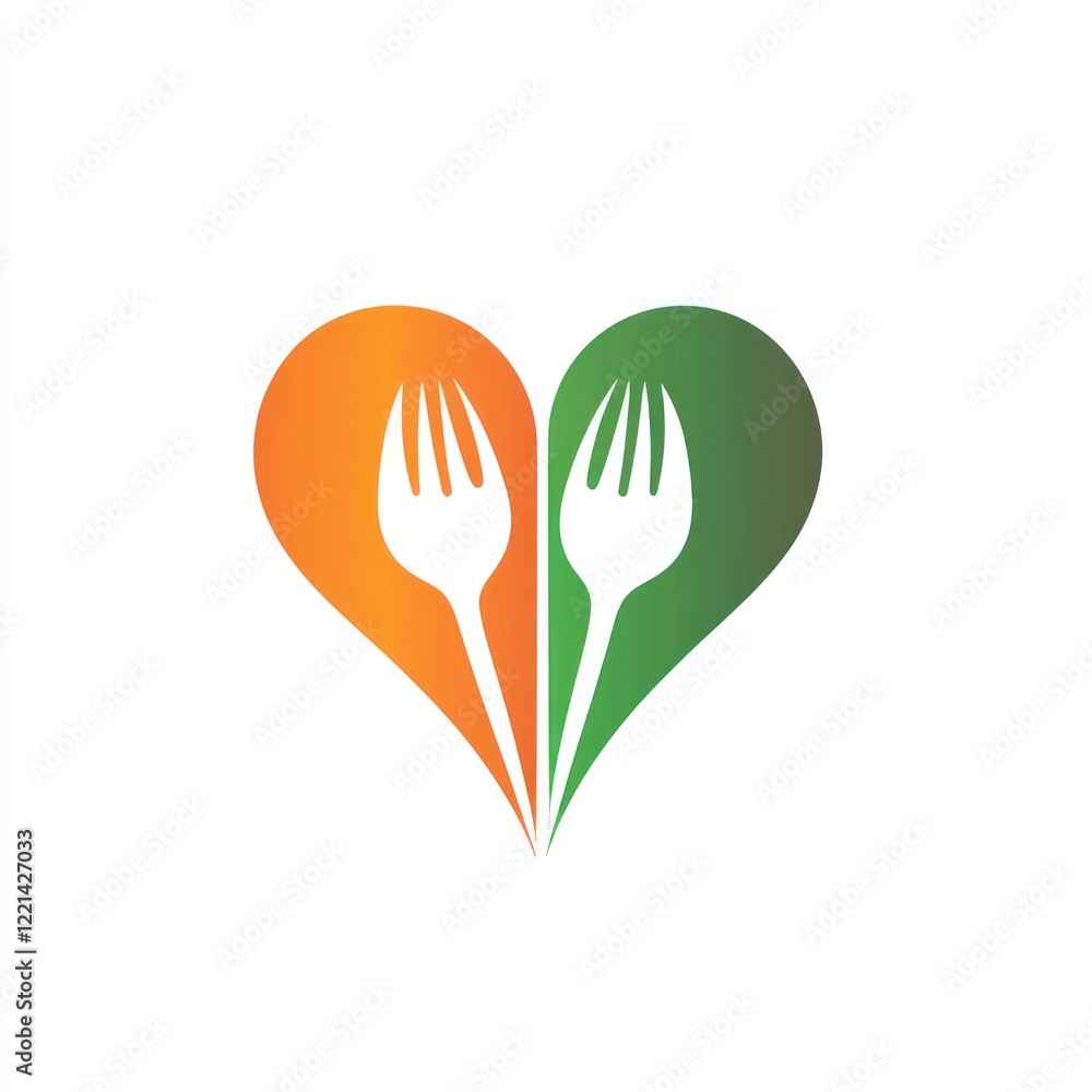 Heart-shaped logo of two forks, food love symbol, restaurant emblem Heart-shaped logo of two forks, food love symbol, restaurant emblem