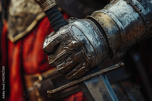 Close-up of armored hand gripping sword, showcasing intricate medieval craftsmanship and battle readiness photo