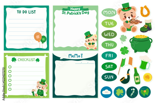 Adorable St. Patrick's Day stationery set featuring cute memo, checklist, and to do list templates with adorable leprechaun themed bear and cat characters and charming Irish holiday icons.