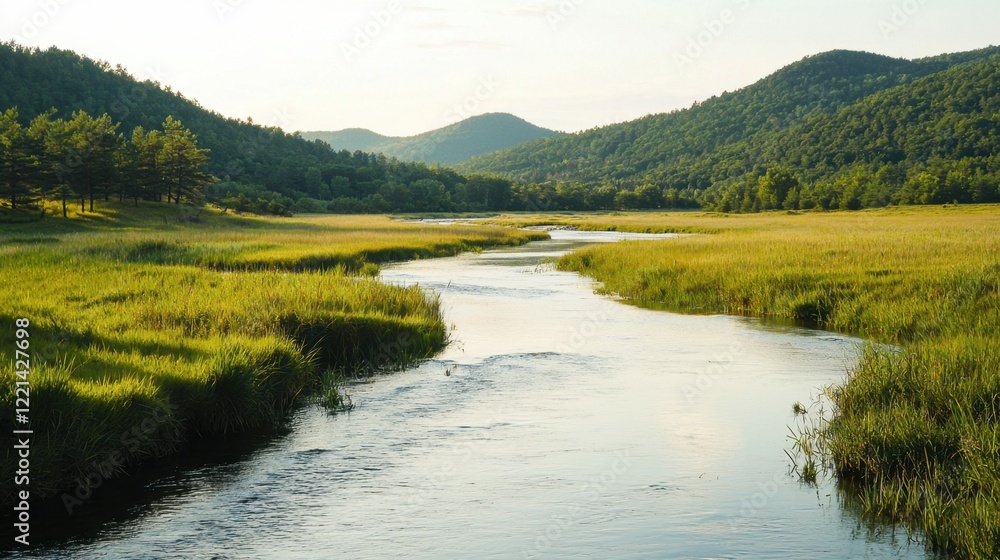 Obraz premium A river with a green grassy bank