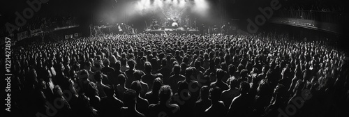 Huge crowd cheering and enjoying live music concert at night