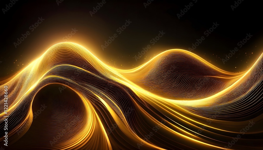 Obraz premium Neon Wave abstract background, Isolated on a dark background, Gold Neon wave with glow, Technology, network, internet concept