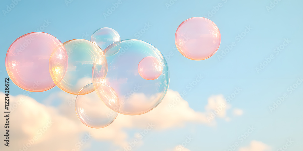 Pastel-colored soap bubbles float against a soft blue sky and fluffy white clouds. A whimsical and dreamy scene. Pastel-colored soap bubbles float against a soft blue sky and fluffy white clouds. A whimsical and dreamy scene.