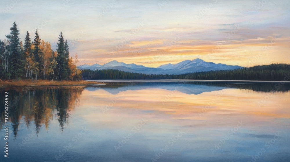 A painting of a lake with mountains in the background A painting of a lake with mountains in the background