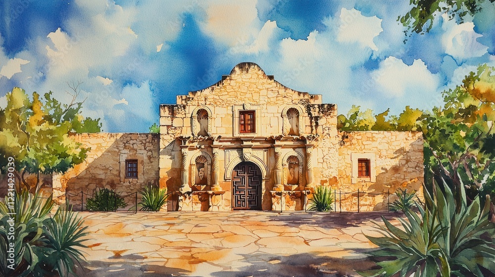 Fototapeta premium A painting of a building with a large archway and a small door