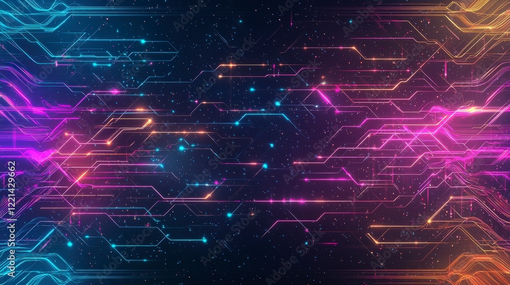 Obraz premium A vibrant digital background showcasing colorful circuit patterns and glowing lines, perfect for tech designs, presentations, and futuristic themes.