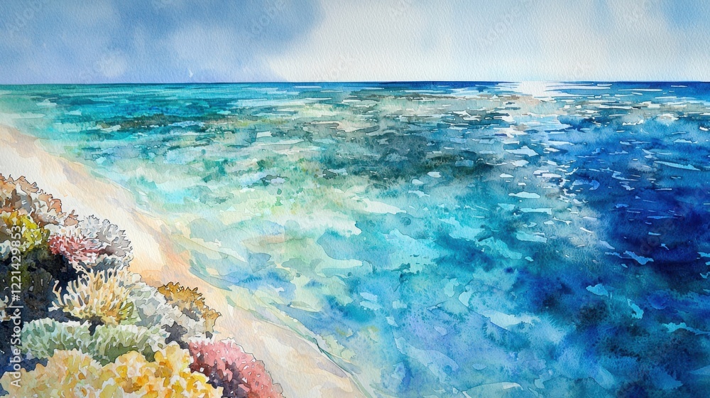 Obraz premium A painting of a beach with a blue ocean and a green shore