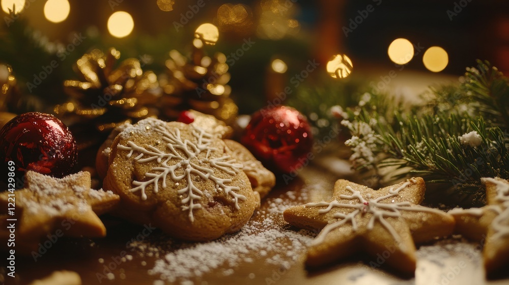 Festive holiday cookies and decorations with fir branches and lights Festive holiday cookies and decorations with fir branches and lights