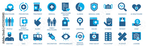 Healthcare icon set in flat duotone solid icons web design. Pack pictograms with prevention, treatment, medical report, illness, care, mask, diagnosis, injury, sanitizer, other. Vector illustration.