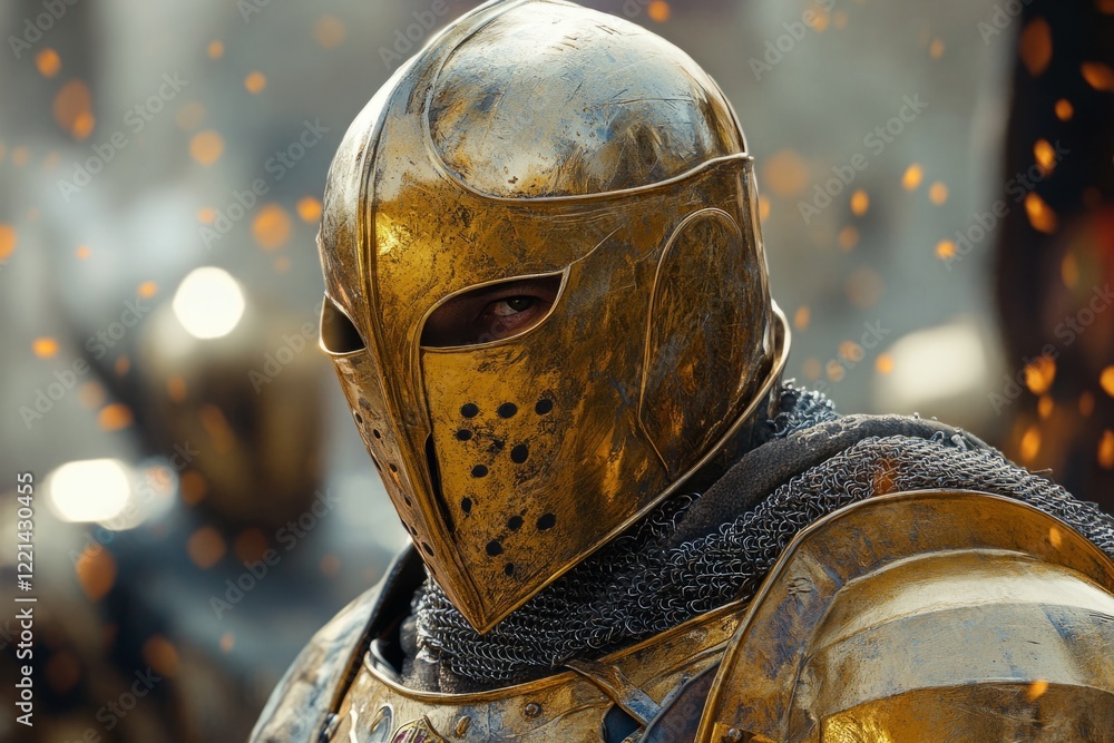 Fototapeta premium Close-up of a medieval warrior wearing ornate golden helmet and holding a sword, evoking themes of battle, history, and fantasy