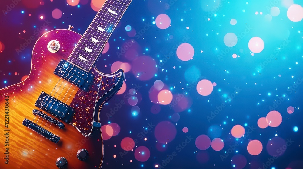 Obraz premium A vibrant electric guitar against a colorful bokeh background, embodying the spirit of music and creativity, perfect for music lovers and artists.