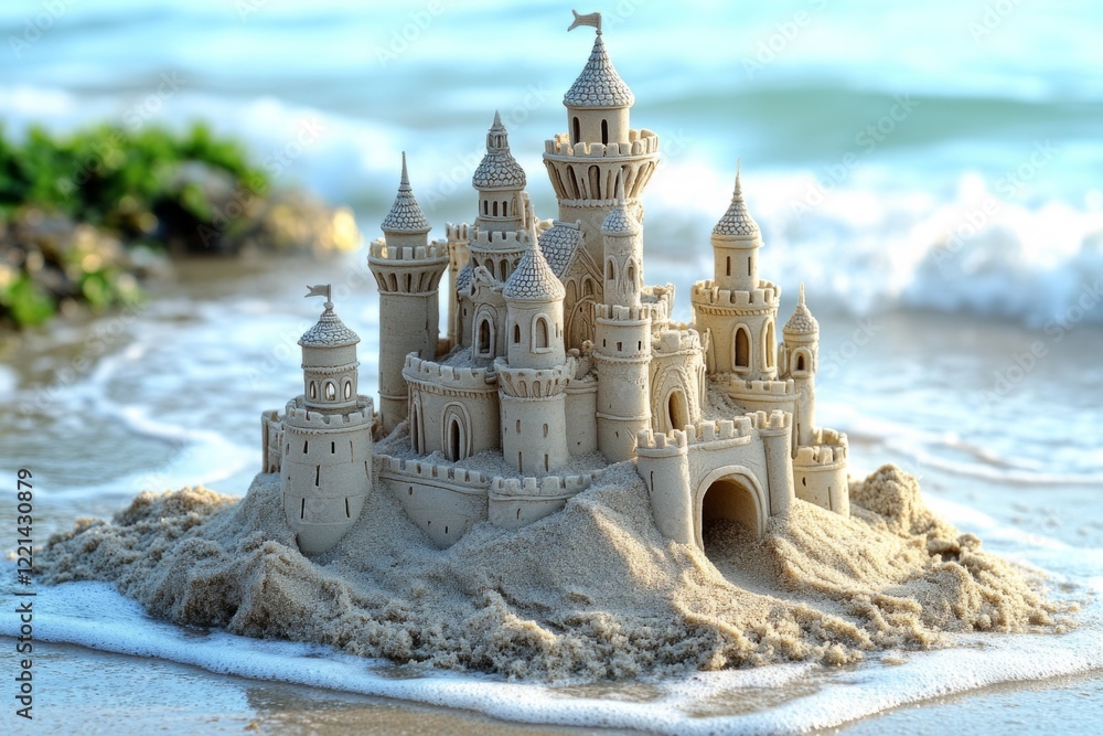 Obraz premium Intricate sandcastle stands proudly on the beach as gentle ocean waves lap at its base