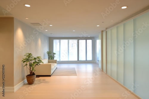 Wallpaper Mural A serene urban studio with light plaster walls, simple vertical glass panels, and recessed lighting Torontodigital.ca