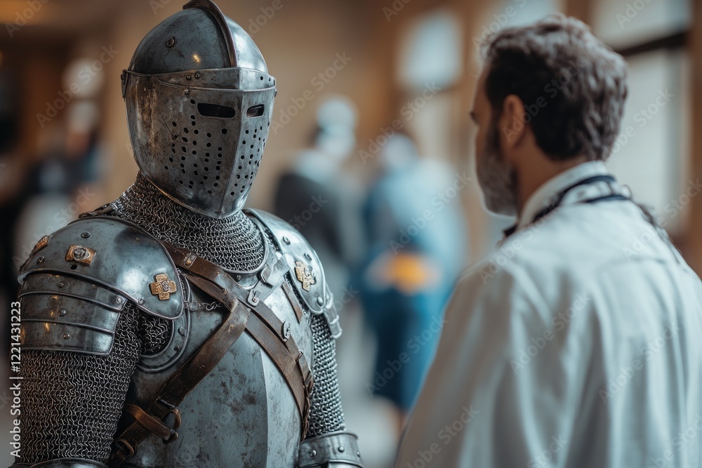 Knight in shining armor stands next to scientist, discussing something important Knight in shining armor stands next to scientist, discussing something important