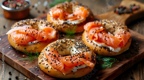 Fresh bagels topped with smoked salmon, cream cheese, and everything seasoning served on rustic wooden board, perfect for gourmet breakfast or brunch presentation. photo