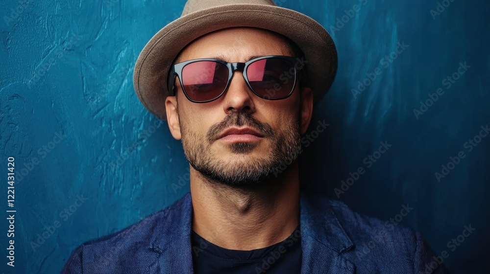 Obraz premium A man wearing a hat and sunglasses is posing for a photo