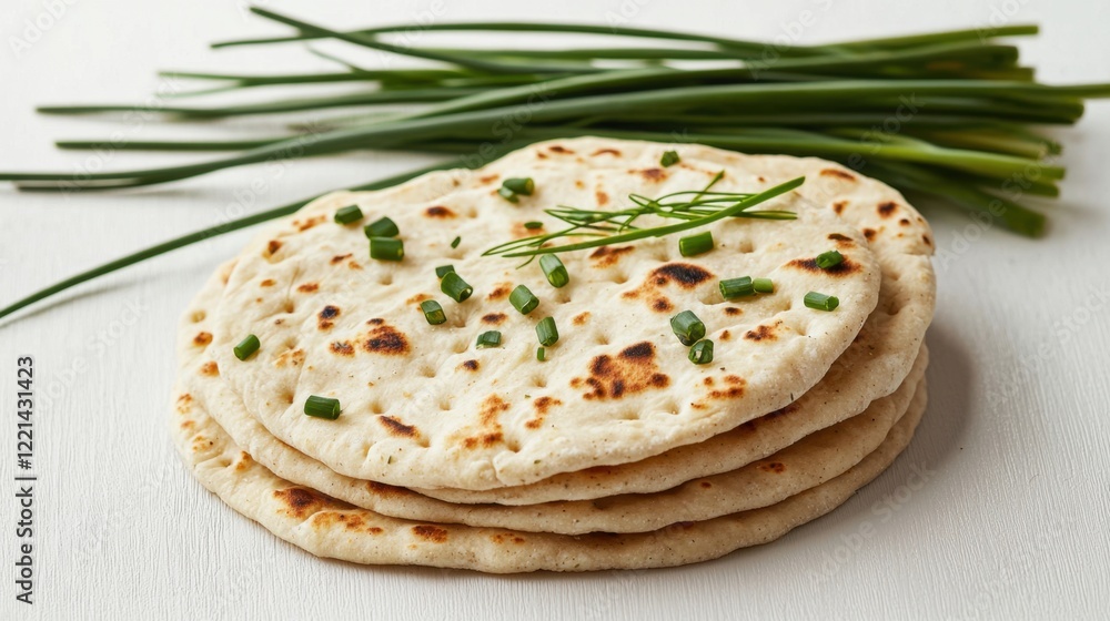 A stack of flatbreads with green herbs on top A stack of flatbreads with green herbs on top