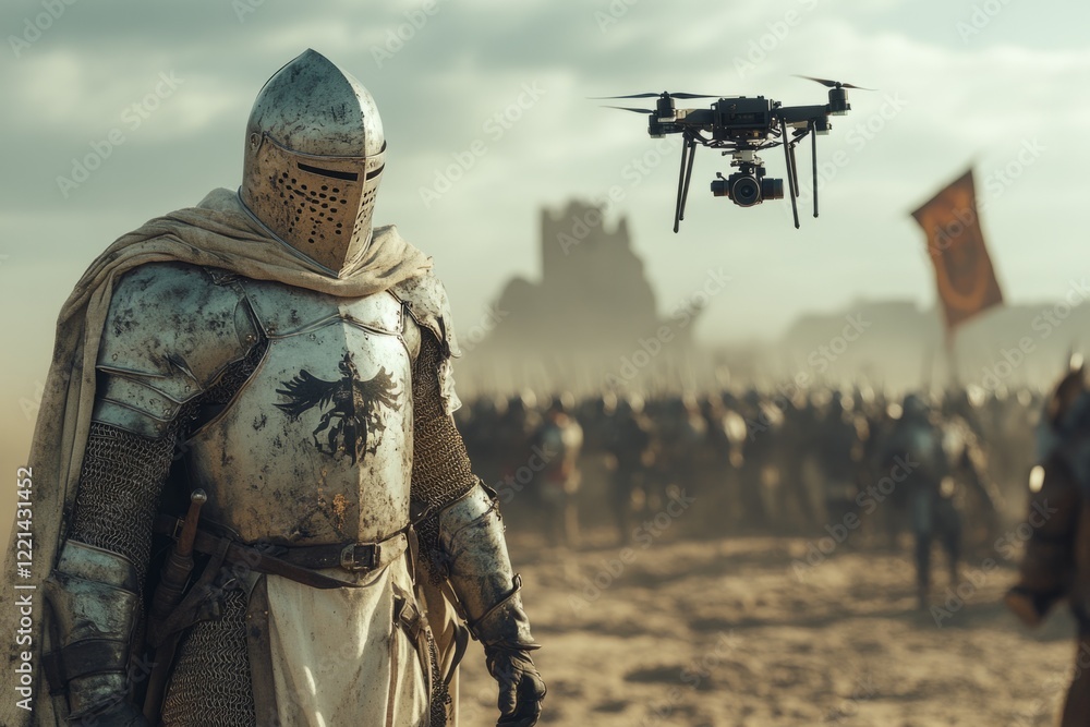 Medieval knight watching flying drone recording army before battle Medieval knight watching flying drone recording army before battle