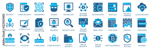 Cyber security icon set in flat duotone solid icons web design. Pack pictograms with fingerprint, hacker, technology, network, scan, encryption, attack, document, virus, other. Vector illustration.
