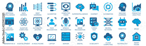 Artificial intelligence icon set in flat duotone solid icons web design. Pack pictograms with data science, deep learning, algorithm, computer, vision, automation, brain, other. Vector illustration.