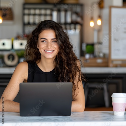 Smiling woman working laptop cafe coffee shop