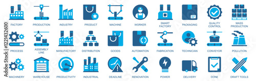 Factory icon set in flat duotone solid icons web design. Pack pictograms with production, industry, product, machine, packaging, quality control, progress, assembly line, other. Vector illustration.