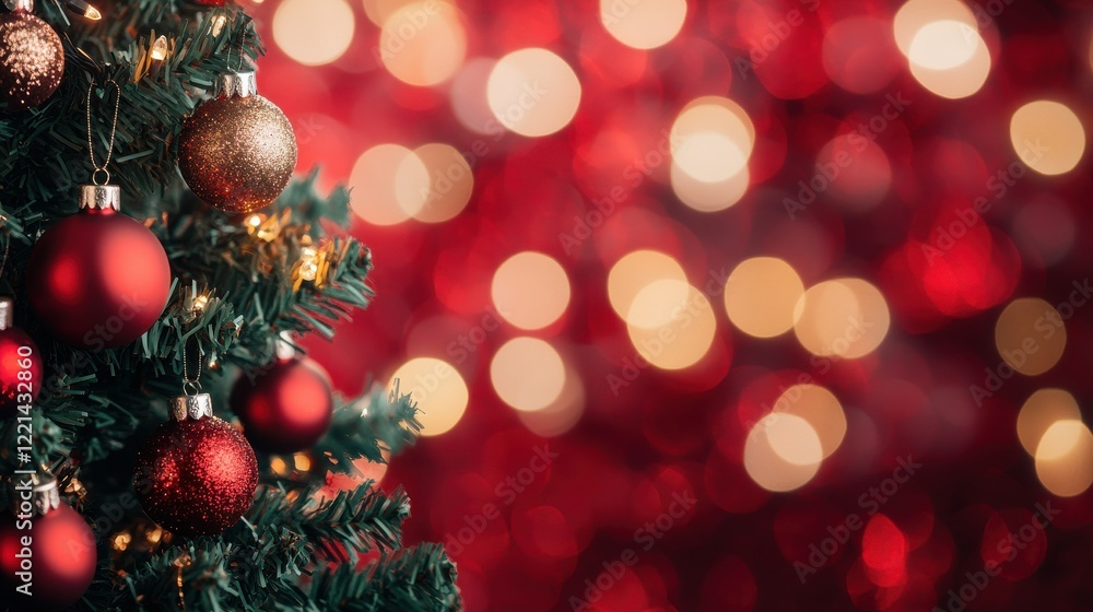 Festive christmas tree with red baubles and warm bokeh lights Festive christmas tree with red baubles and warm bokeh lights