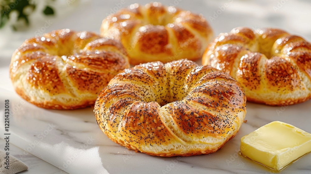 Four puffed pastries with poppy seeds on top and a slice of butter on the right Four puffed pastries with poppy seeds on top and a slice of butter on the right