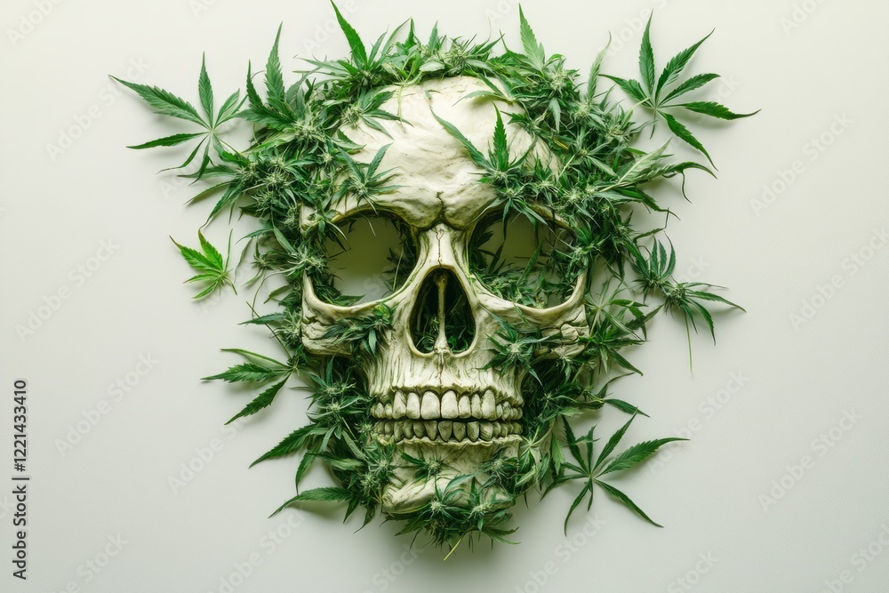 Obraz premium Human skull covered with fresh cannabis leaves and buds, representing the potential dangers of drug abuse and addiction