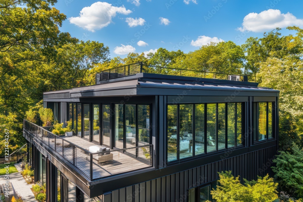 Fototapeta premium A single-story home with black steel cladding, expansive windows, and an open rooftop patio