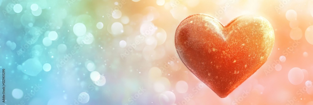 Fototapeta premium Orange glittering heart floating on a blurred pastel colored background with bokeh effect, perfect for valentine's day or romantic projects
