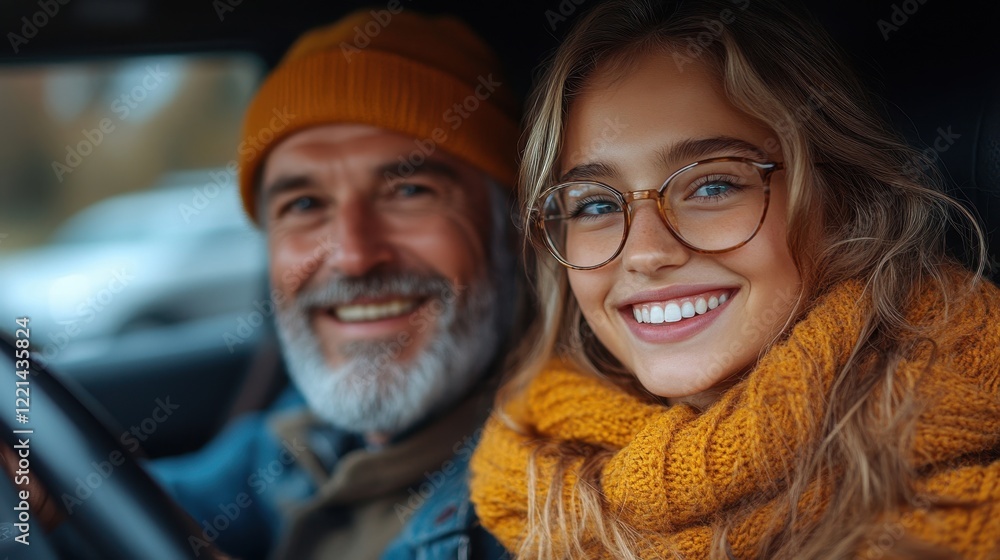 A joyful older man and a young woman smile together inside a car, showcasing warmth and connection in a cozy, autumn setting. A joyful older man and a young woman smile together inside a car, showcasing warmth and connection in a cozy, autumn setting.