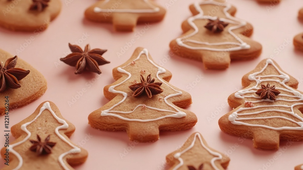 Festive christmas tree gingerbread cookies with icing and star anise on pink background Festive christmas tree gingerbread cookies with icing and star anise on pink background