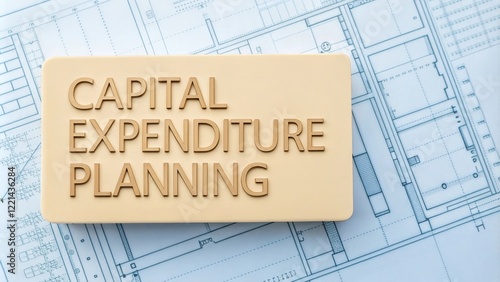 Capital Expenditure Planning Board on Architectural Blueprint - A representation of capital expenditure planning with architectural blueprints, symbols of strategy, finance, organization, growth