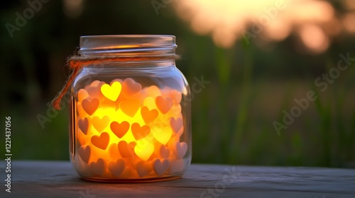 Glowing jar filled tiny luminous hearts radiating warmth and whimsy photo