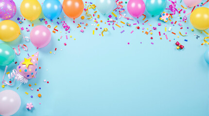 festive flat lay party decorations on pastel blue