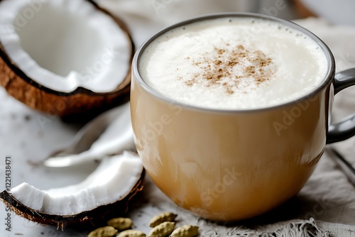 A smooth coconut chai latte with a sprinkle of cardamom and a frothy top. photo