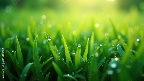 Macro photography of dew drops on grass blade	 photo