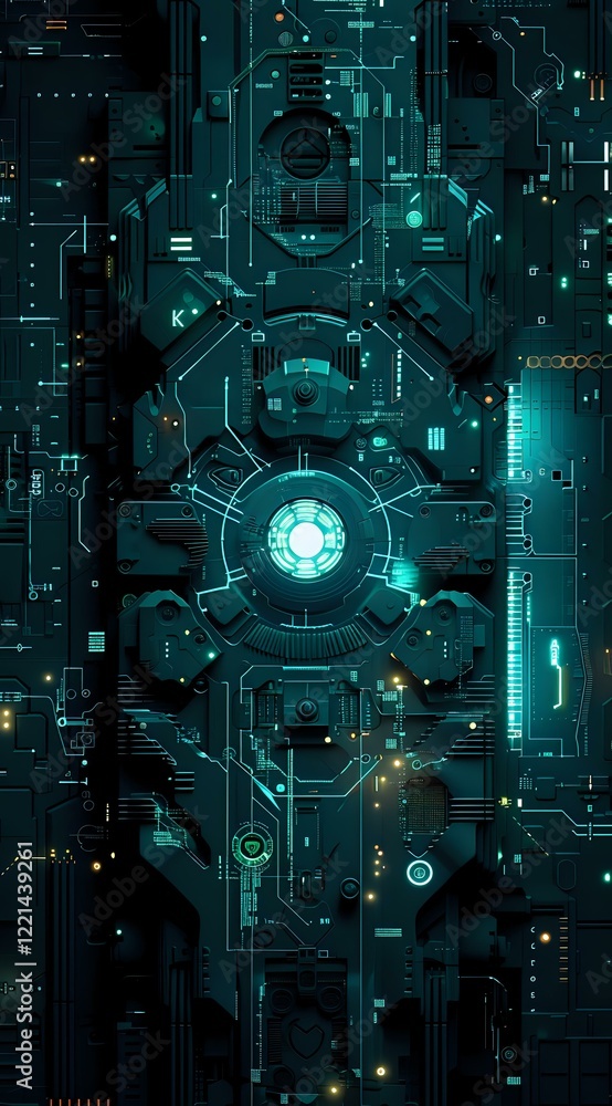 Fototapeta premium Futuristic technological background with glowing cyan circuit patterns and geometric shapes. Perfect for cybersecurity, artificial intelligence, or digital transformation concepts