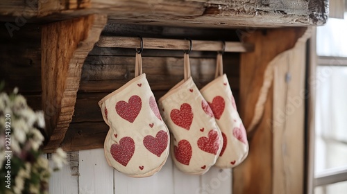 Rustic kitchen corner heartprinted oven mitts hanging on a wooden rack evoking a warm lovefilled home for Valentines or seasonal culinary inspirations photo