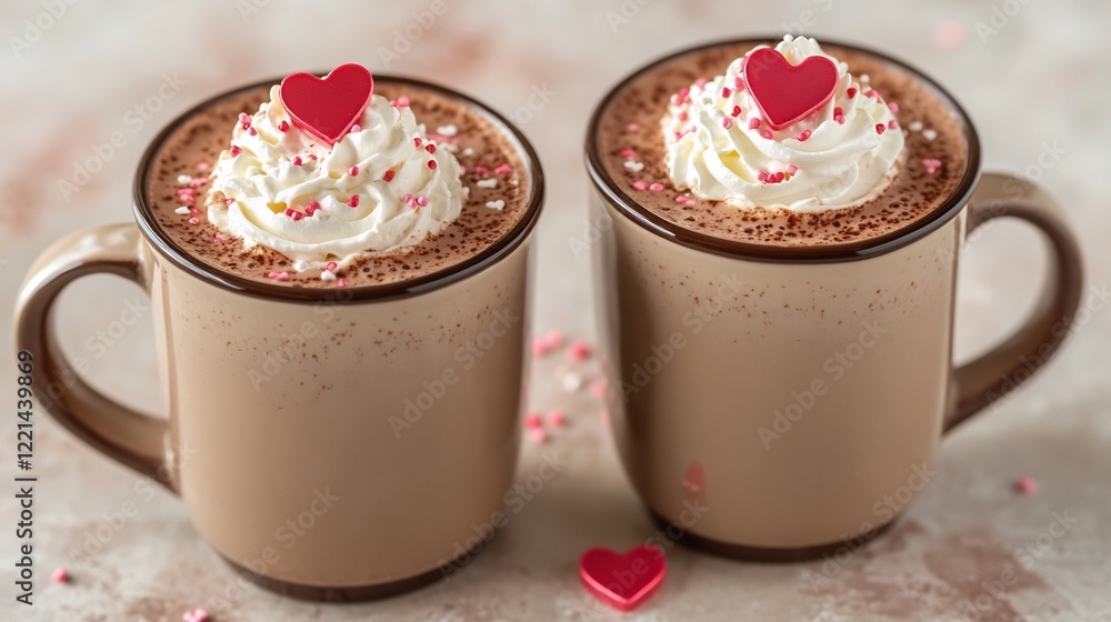 Two steaming mugs of hot chocolate topped whipped cream and heartshaped sprinkles creating a cozy Valentines vibe perfect for romantic mornings or festive holiday designs Two steaming mugs of hot chocolate topped whipped cream and heartshaped sprinkles creating a cozy Valentines vibe perfect for romantic mornings or festive holiday designs