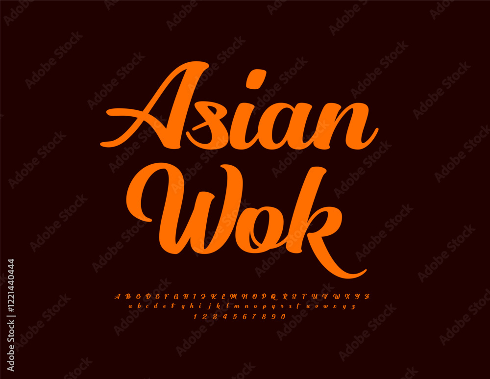 Vector Creative Advertisement Asian Wok for Cafe and Shop. Stylish Cursive Font. Trendy Calligraphic Alphabet Letters and Numbers Vector Creative Advertisement Asian Wok for Cafe and Shop. Stylish Cursive Font. Trendy Calligraphic Alphabet Letters and Numbers