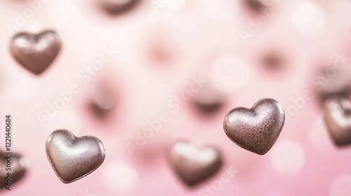 Subtle pink ombr backdrop floating metallic hearts creating an elegant Valentines Day theme perfect for romantic branding festive holiday decor or loveinspired designs photo