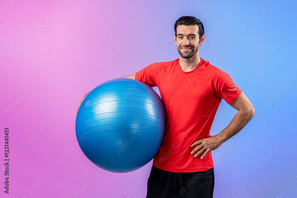 Full body length gaiety shot athletic and sporty young man with fitness exercising ball in standing posture on isolated background. Healthy active and body care lifestyle. Full body length gaiety shot athletic and sporty young man with fitness exercising ball in standing posture on isolated background. Healthy active and body care lifestyle.