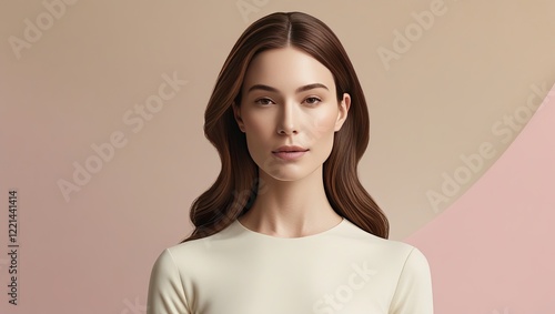 A head-and-shoulders digital portrait of a woman with long brown hair against a light pink background. She is wearing a cream colored top.